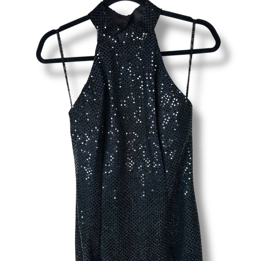 Vintage Roberta Midnight Black VTG Sequin Halter Open Back Sleeveless Maxi Gown - Picture 3 of 8